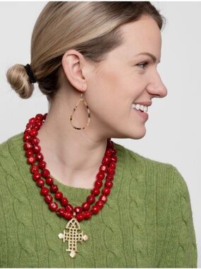 ✨ Frances Valentine Statement (Red Beaded) Necklace – Cross Pendant ✨